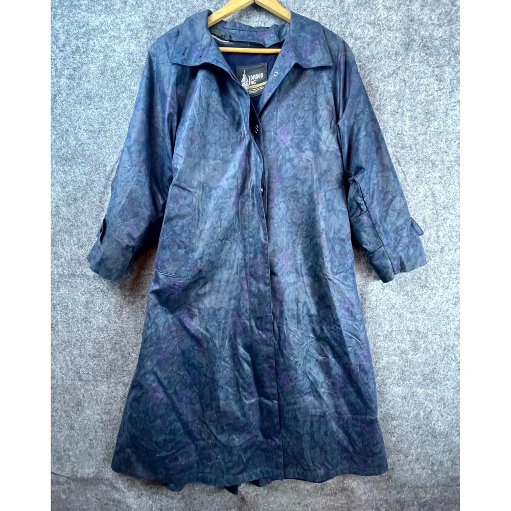 Vintage London Fog Wamsutta Trench Coat Womens 4 Blue Floral Hidden Button Front